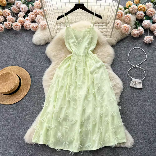 Green Sweet Spaghetti Straps Dress Girl Summer Cute Fairy Dress 1252