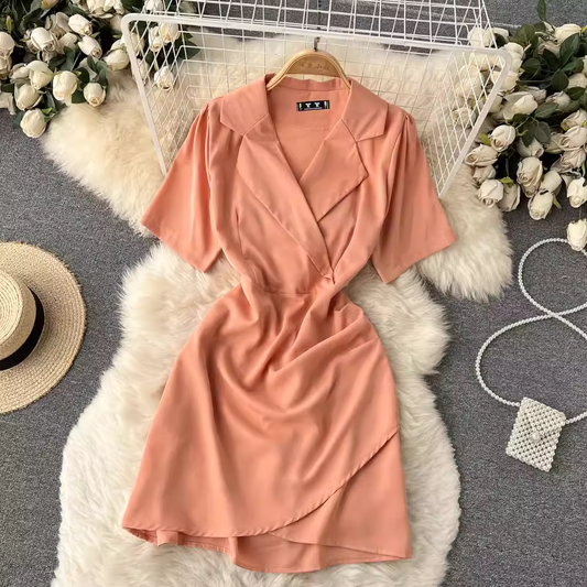 V Neck Summer Irregular Pleated Short Sleeves Sexy Dress 1210