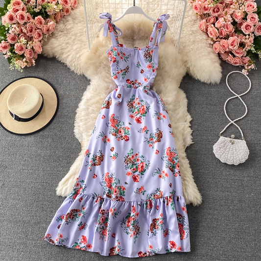 Summer Girl Ruffled Bowknot Shoulder Strap Dress Floral Mid Length Dress 1315