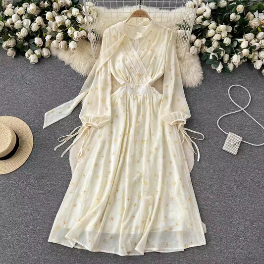 V Neck Long Sleeves Floral Dress Spring Autumn Fairy Dress 1132