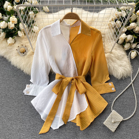 Vintage Striped Shirt Irregular Ruffled Cropped Top 1035