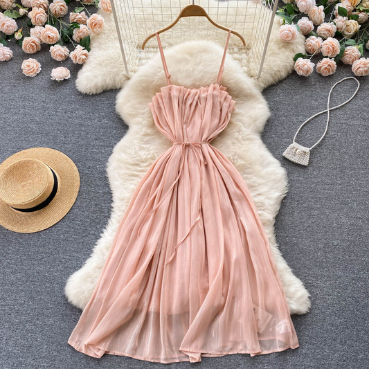 Spaghetti Strap Pleated Dress Summer Chiffon Skirt 1100