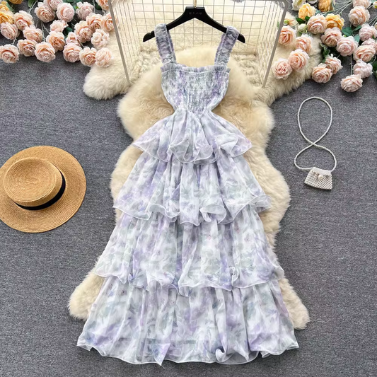 Cute Floral Sling Dress Summer Fairy Layer Cake Dress 1113