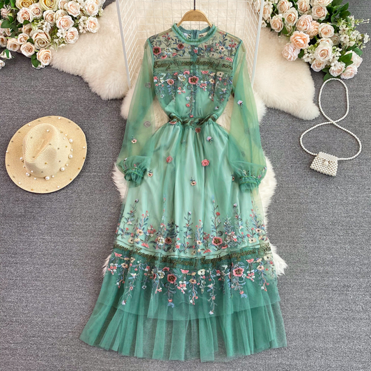 Round Neck Mesh Embroidery Dress A Line Ruffle Fairy Dress for Women 1300