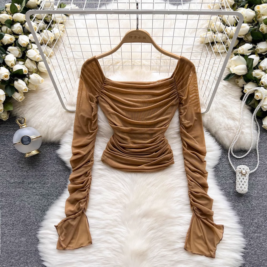 Sexy Square Neck Mesh Long Sleeve T Shirt Pleated Cropped Top 1048