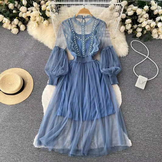 Women Elegant Lace Mesh Dress Big Swing Summer Long Sleeves Dress 1150