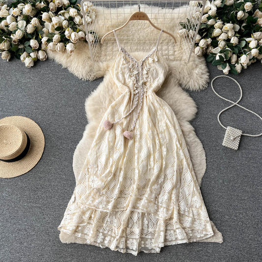 V Neck Lace Sling Dress Women  Summer Elegant Cute Long Skirt 1254