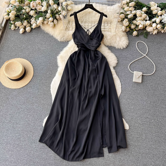 V Neck Backless Black Dress Summer Retro Slit Dress 1251