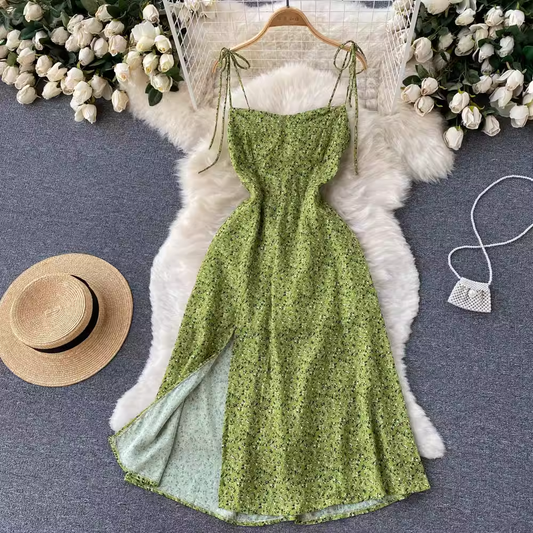 Summer Green Floral Sling Dress Zipper Back Dress with Slit 1115