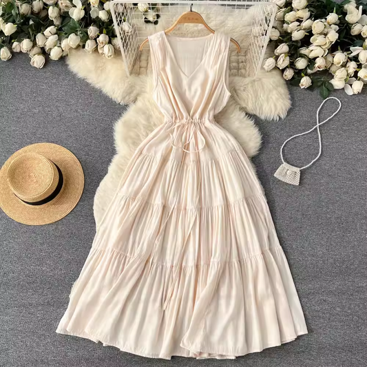 Summer V Neck Sleeveless Dress Women  Pleated Long Skirt 1268