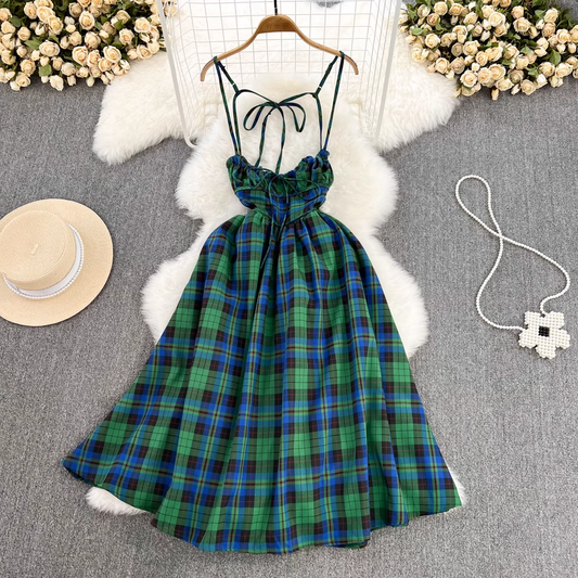 Retro Backless Suspender Skirt A Line Plaid Dress for Girl 1302