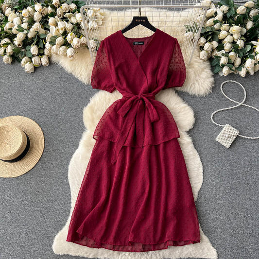 French V neck Puff Sleeve Dress Summer Sweet Skirt 1103