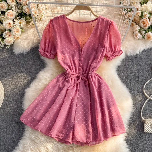 Summer Sweet V Neck Puff Sleeve Short Sleeves Jumpsuit 1326