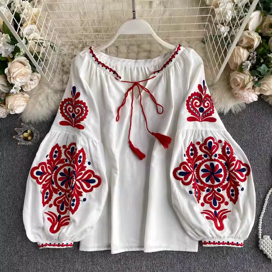 Vintage Embroidered Tassel Shirt V Neck Lantern Sleeve Loose Top 1019