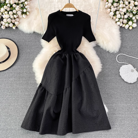 Women Round Neck Knitted A Line Dress Elegant Short Sleeves Long Skirt 1284