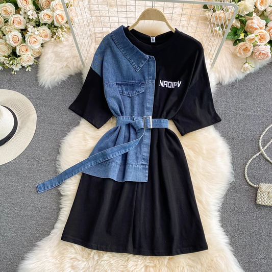 Round Neck Denim Stitching Dress Short Sleeves Summer Mid Length T Shirt Skirt 1332