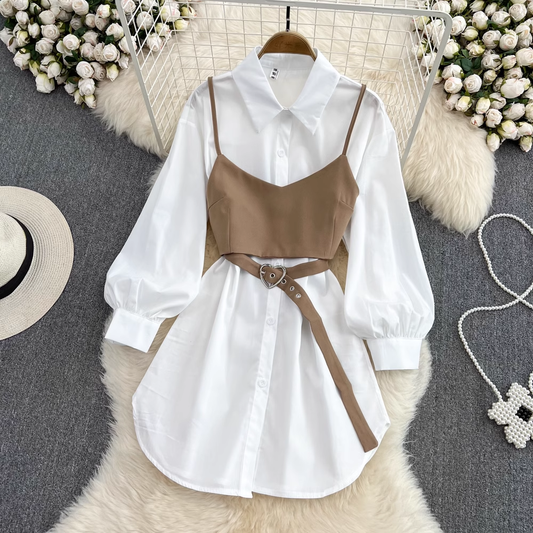 Autumn Retro Hong Kong Style White Shirt Dress Two Pieces Set 1294