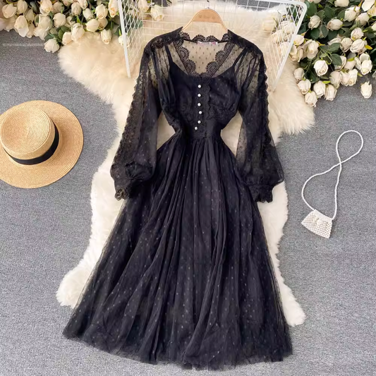 Elegant Lace V Neck Dress Women  Mesh Long Sleeves Mid Length Skirt 1206