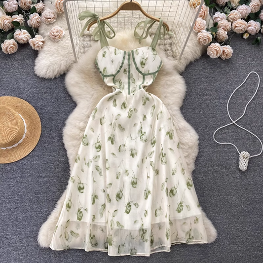 Floral Suspender Dress Summer A line Long Skirt 1137