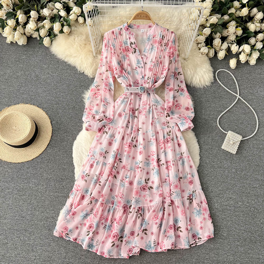 Fashion V Neck Long Sleeved Dress Spring Chiffon Floral Dress Fairy Sweet Dress 1112