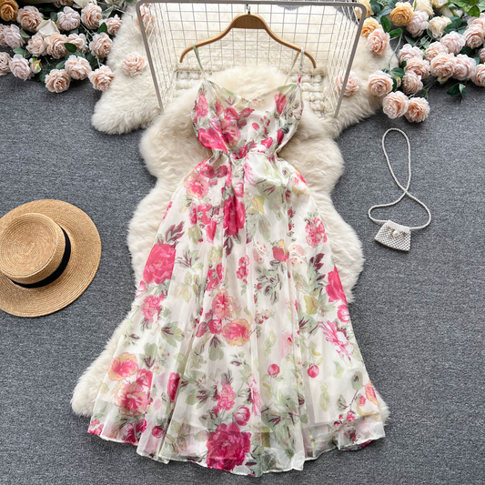 Women Retro Floral Dress Backless Bow Knot Sling Dress Summer 1158