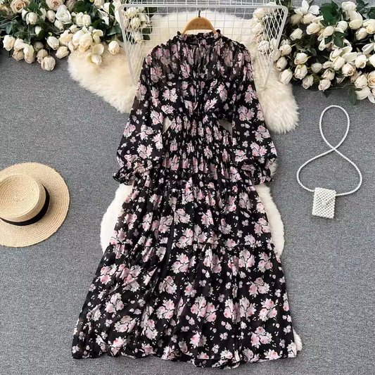 Elegant Long Sleeves Dress Spring and Autumn Chiffon Floral Dress 1191