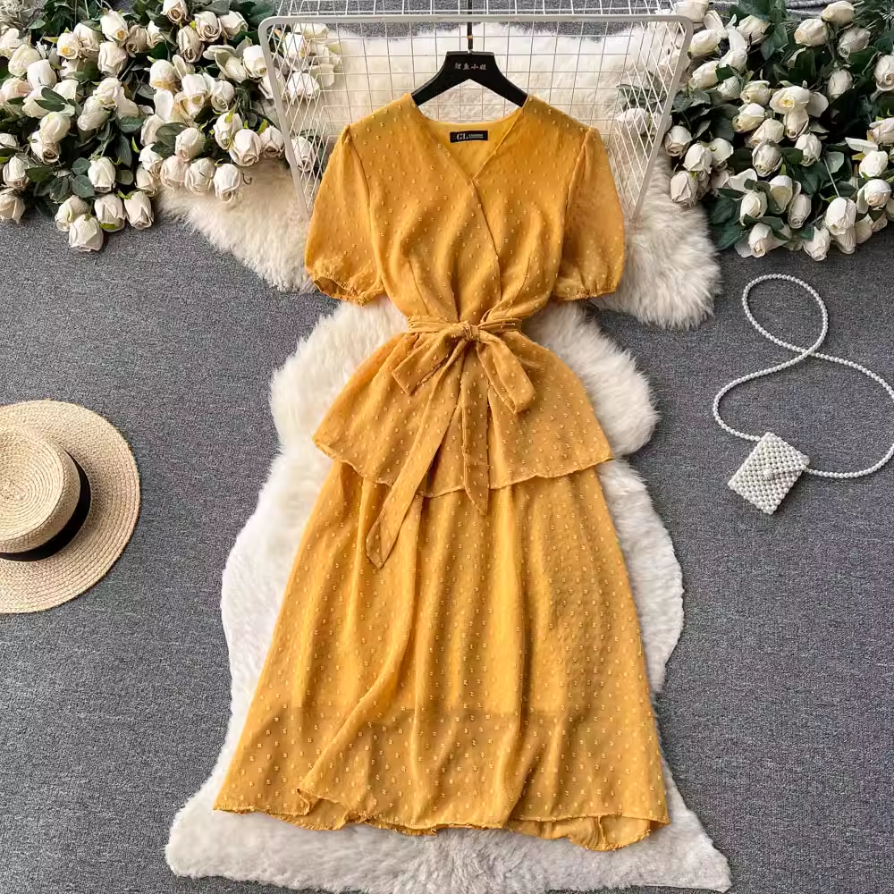 French V neck Puff Sleeve Dress Summer Sweet Skirt 1103