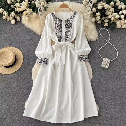 Bohemian Embroidered Vintage Dress Long Sleeves Swing Long Skirt 1017