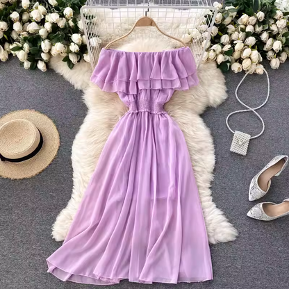 Ruffled Off The Shoulder Chiffon Skirt Women  Summer Sweet Dress 1182