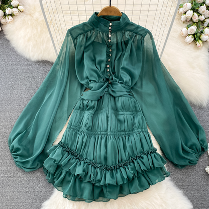 Long Sleeves Mesh Short Dress A Line Ruffled Cake Dress 1301