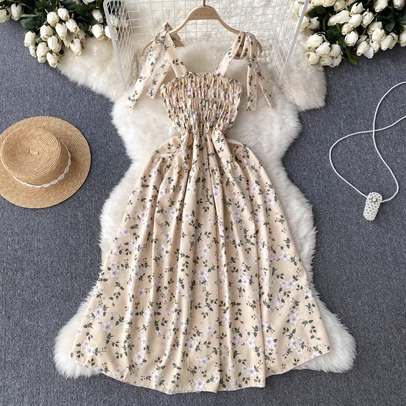 Summer Ruffle Floral Dress Retro Fairy Long Skirt 1275