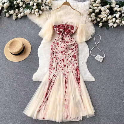 Mesh Sequins Slit Evening Dress Women Mermaid Formal Dress 1224