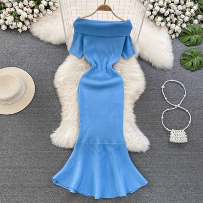 Off The Shoulder Ruffled Knitted Mermaid Evening Dress Summer Dress 1312