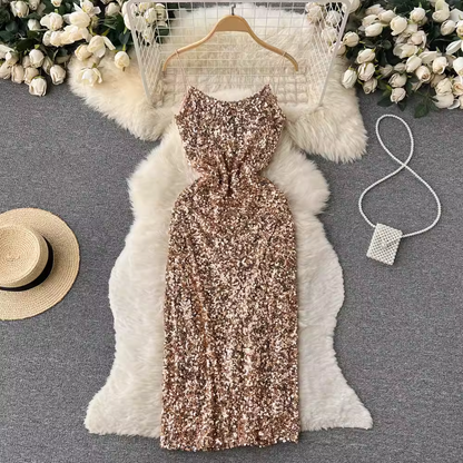 Sexy Sequines Glitter Suspender Dress with Split Evening Dress 1242