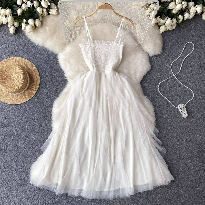 Mesh Spaghetti Strap Dress Women Summer Fairy Dress 1108