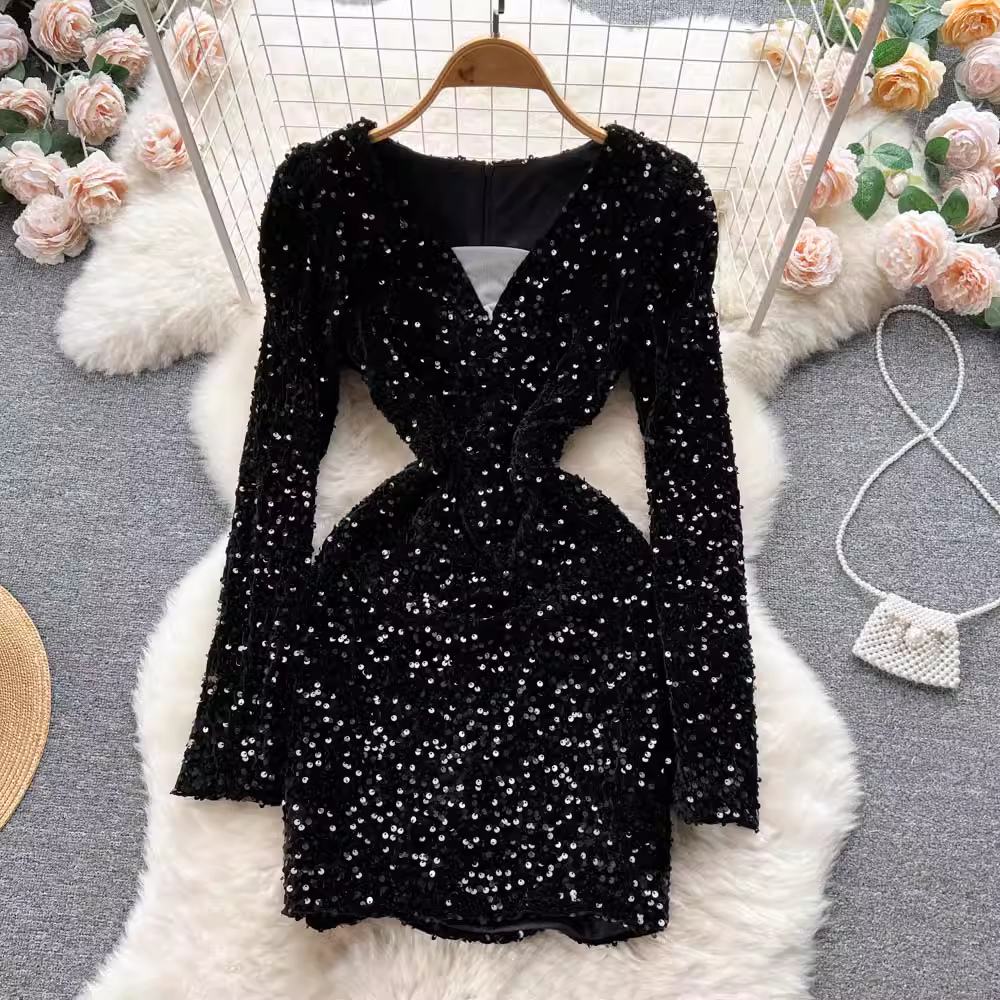 Sexy V Neck Sequin Long Sleeve Dress Short Evening Gown 1117