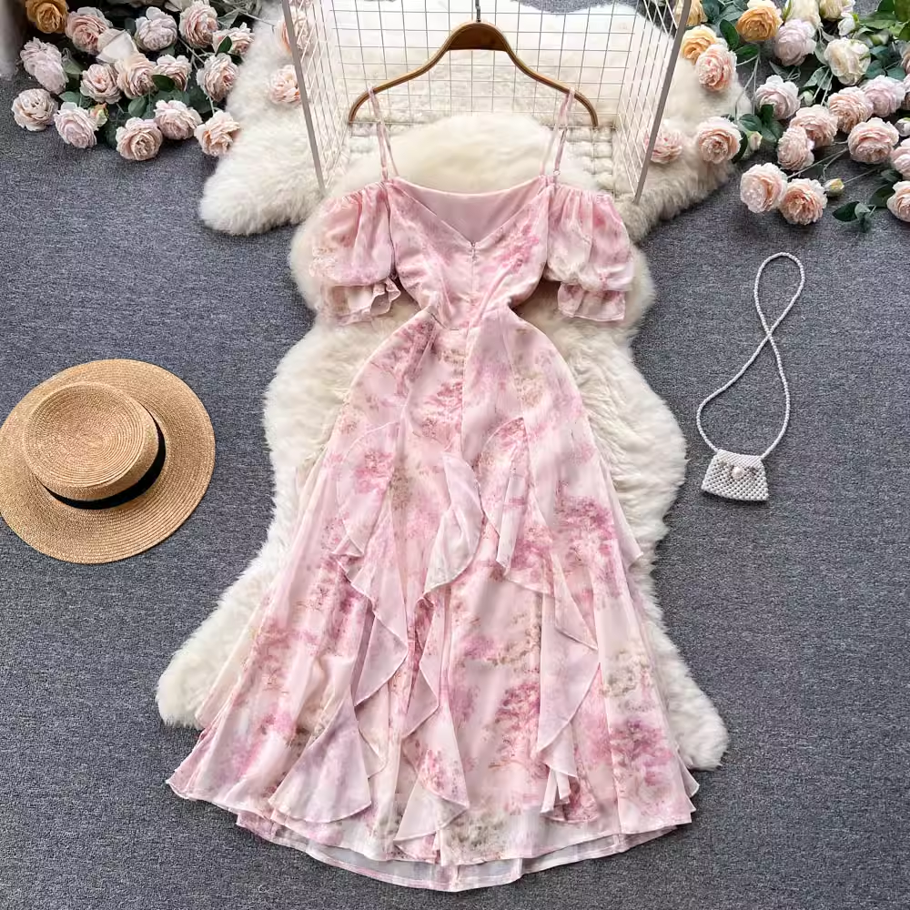 Summer Sweet Floral Dress Strapless Sling Irregular Fairy Long Skirt 1106