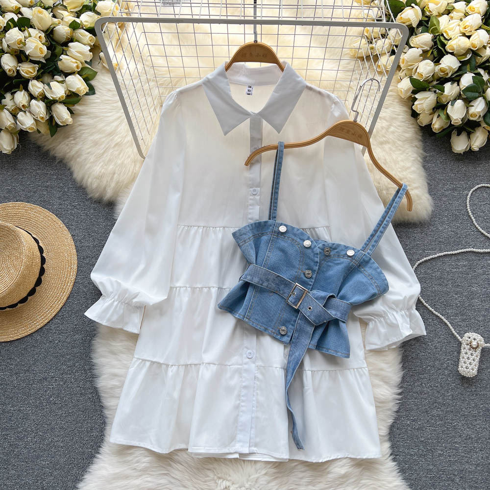 Summer White Shirt Denim Skirt Long Sleeves Dress 1190