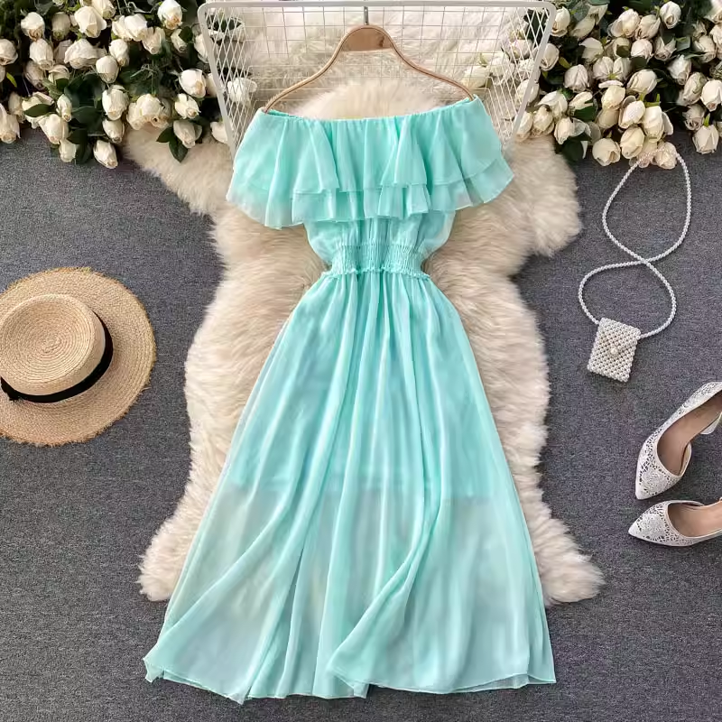 Ruffled Off The Shoulder Chiffon Skirt Women  Summer Sweet Dress 1182