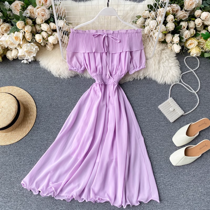 Chic Sweet Pleated Skirt Women Summer Ruffled Off The Shoulder Chiffon Skirt 1233