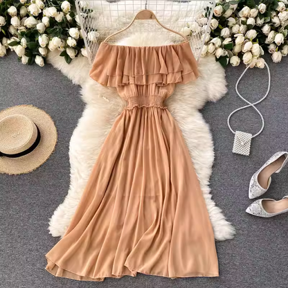 Ruffled Off The Shoulder Chiffon Skirt Women  Summer Sweet Dress 1182