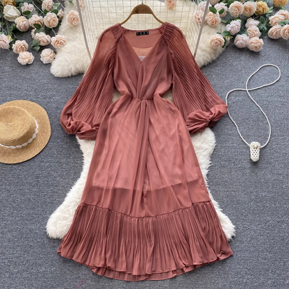 V Neck Autumn Dress Women  Mid Length Skirt 1261