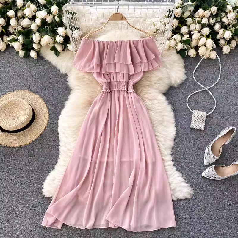 Ruffled Off The Shoulder Chiffon Skirt Women  Summer Sweet Dress 1182