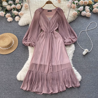 V Neck Autumn Dress Women  Mid Length Skirt 1261