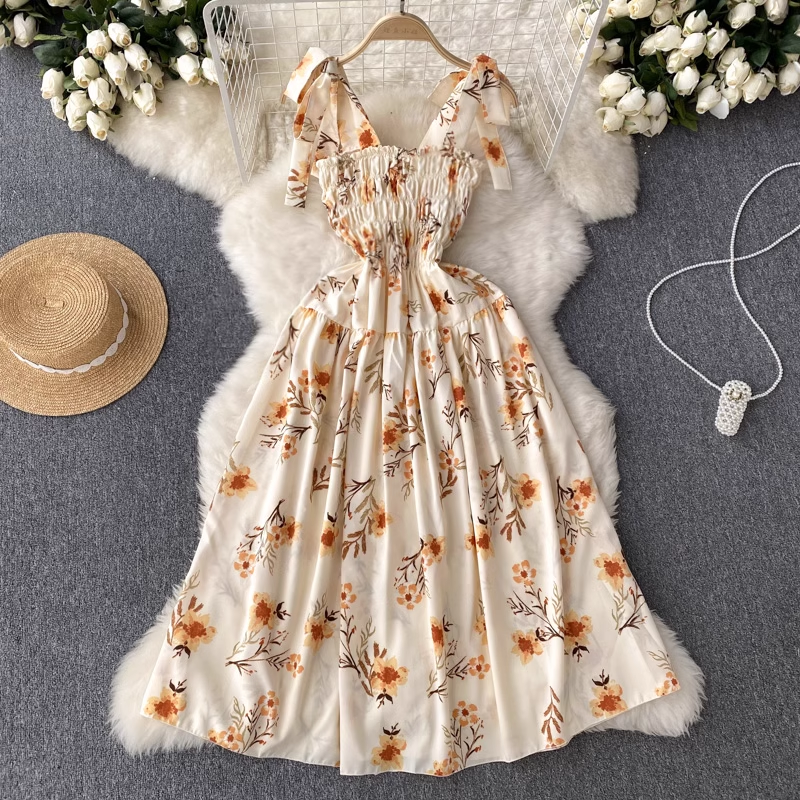 Summer Ruffle Floral Dress Retro Fairy Long Skirt 1275