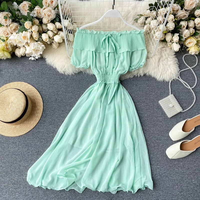 Chic Sweet Pleated Skirt Women Summer Ruffled Off The Shoulder Chiffon Skirt 1233