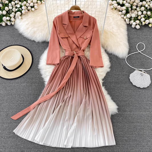 Spring and Summer Korean Style Suit Collar Gradient Pleated Elegant Dress 1435