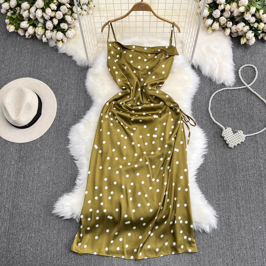 Summer Spaghetti Strap  A Line Polka Dot Dress 1468