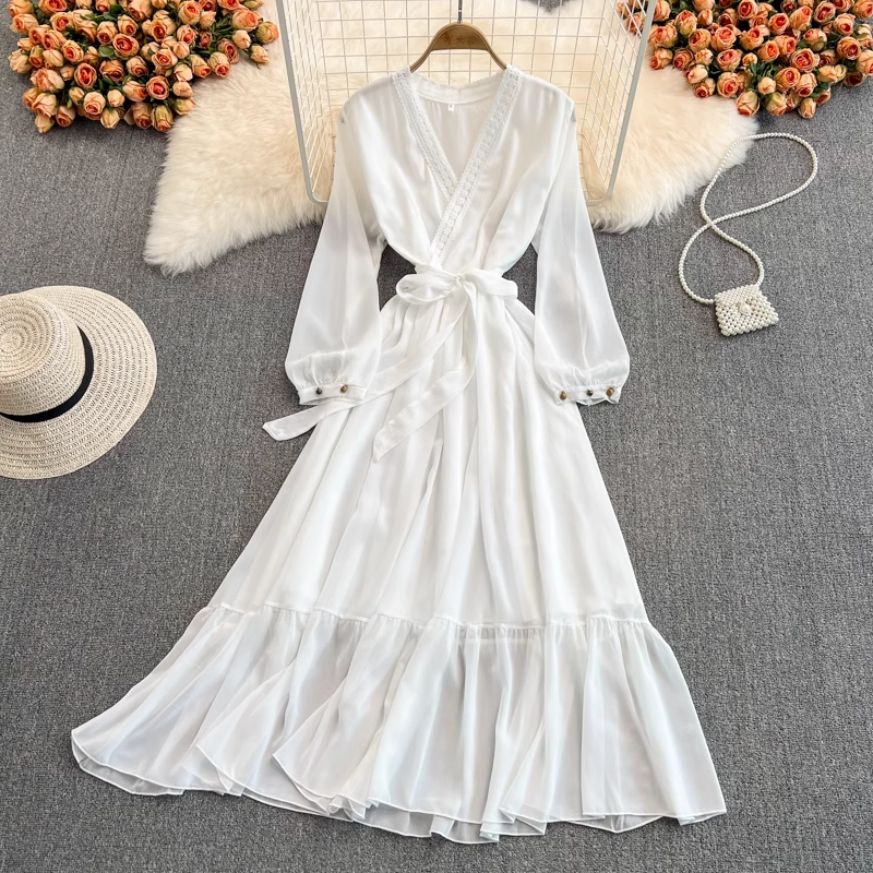 Spring and Autumn V Neck White Chiffon Long Sleeves Dress Elegant Dress 1535