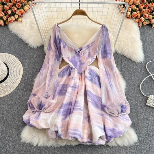 Long Sleeves Bowknot V Neck Chiffon Dress Super Fluffy Fairy Skirt 1549